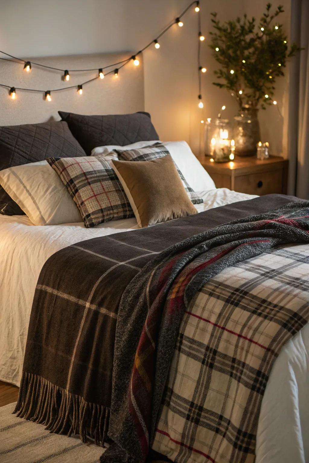 Dark and plaid textiles create a snug and stylish retreat.