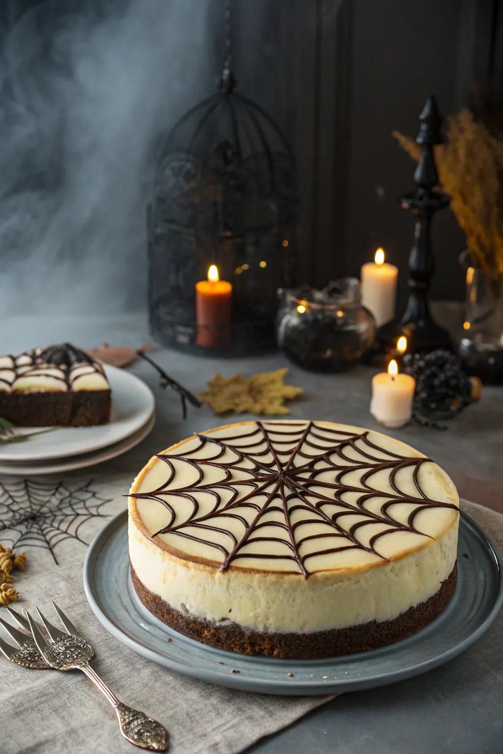 A chocolate spider web adds a touch of eerie elegance.