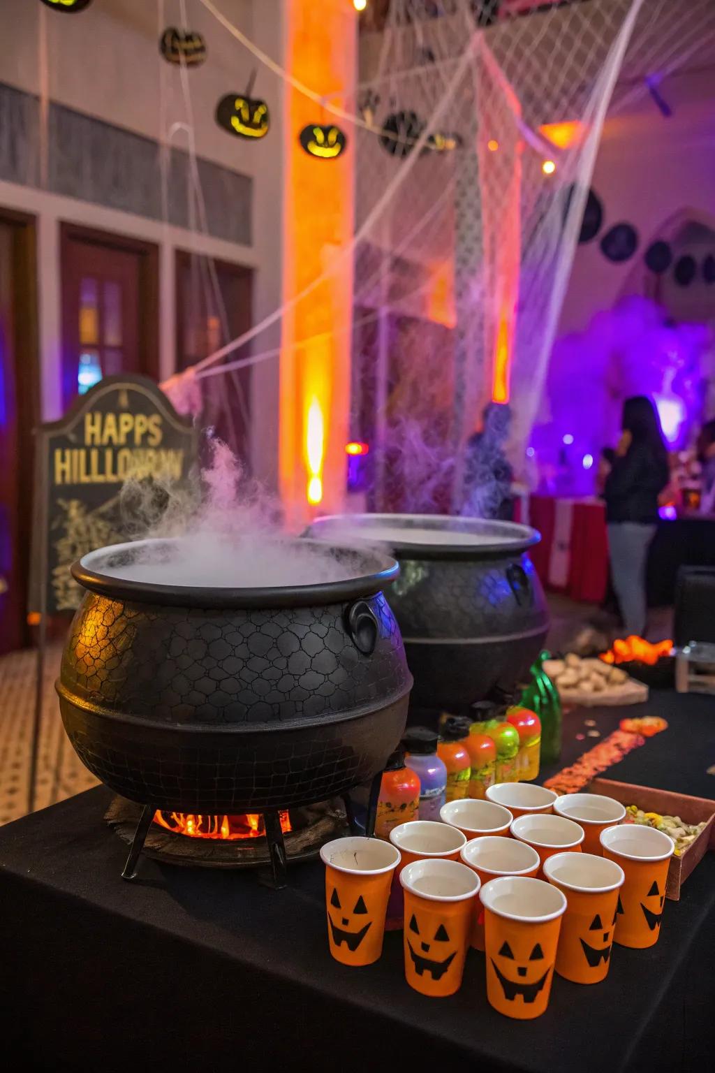 A witch's brew drink station sets the spooky tone.