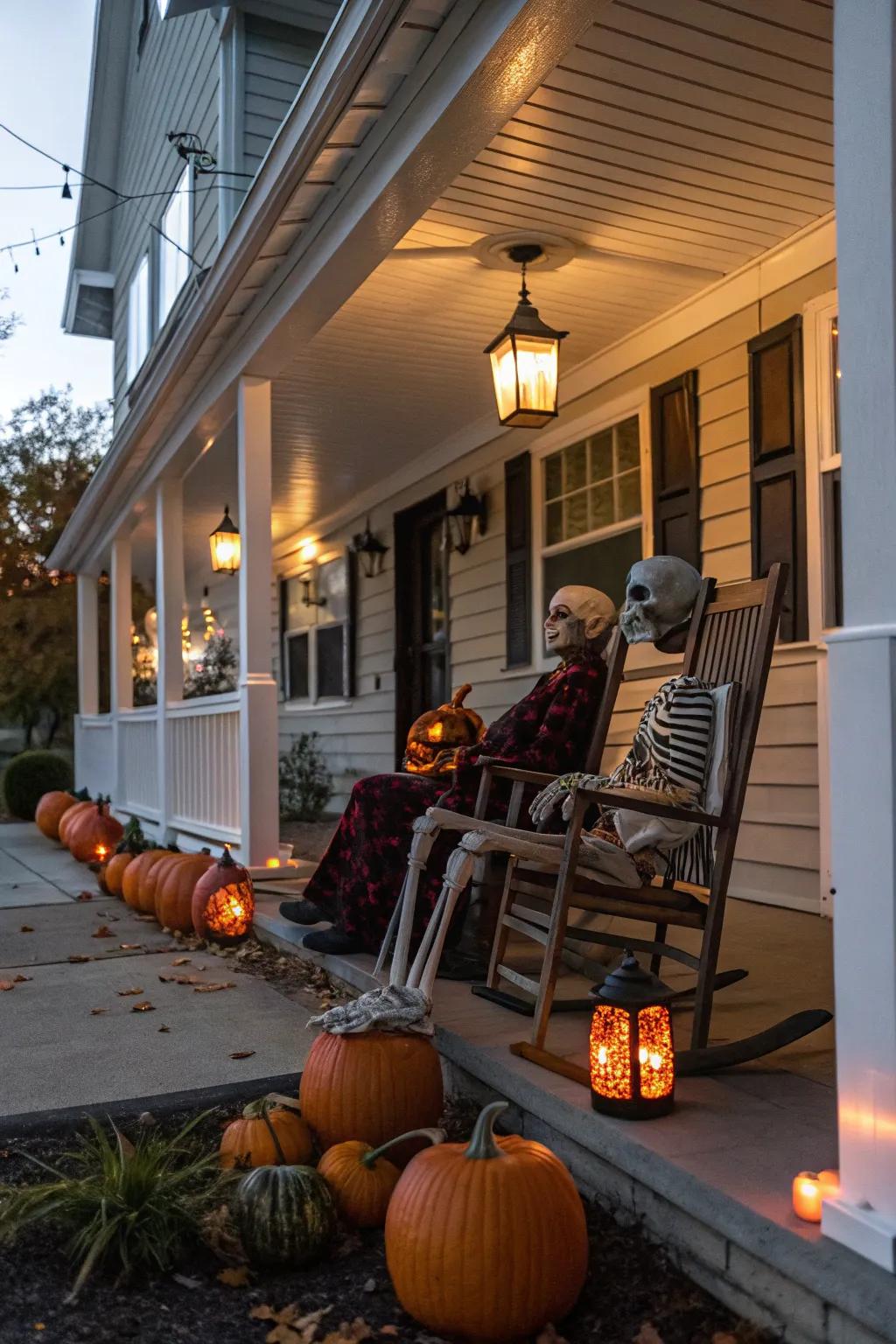 Porch decor with skeletons creates a warm welcome for Halloween guests.