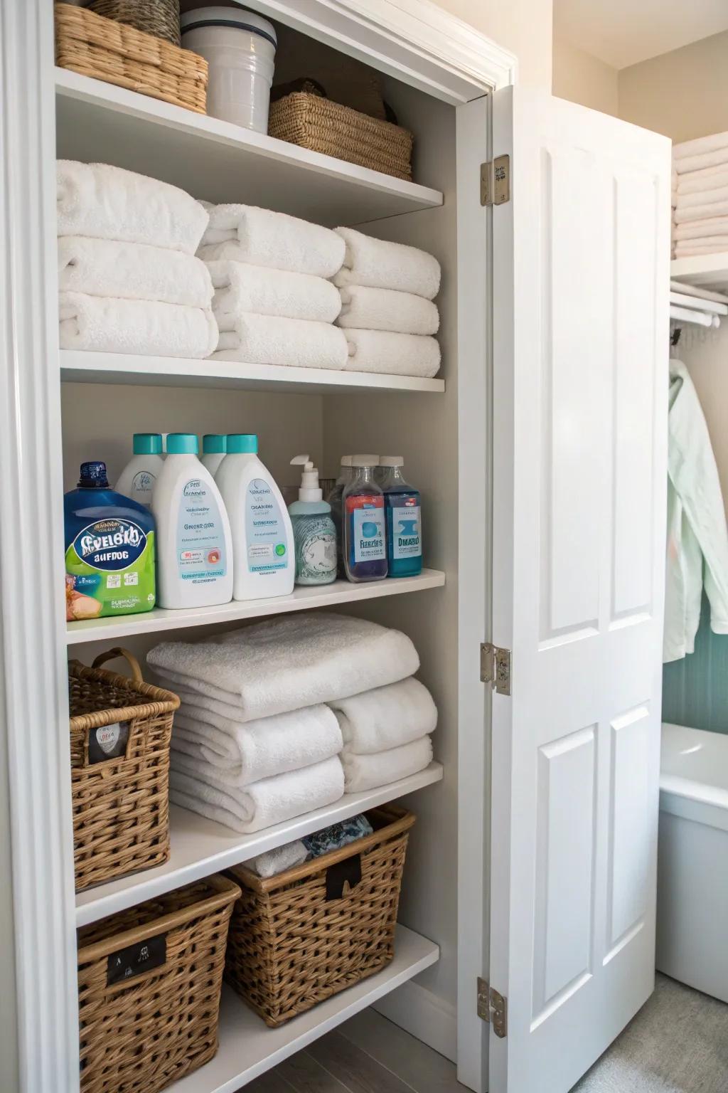 Open shelving keeps laundry essentials organized and accessible.