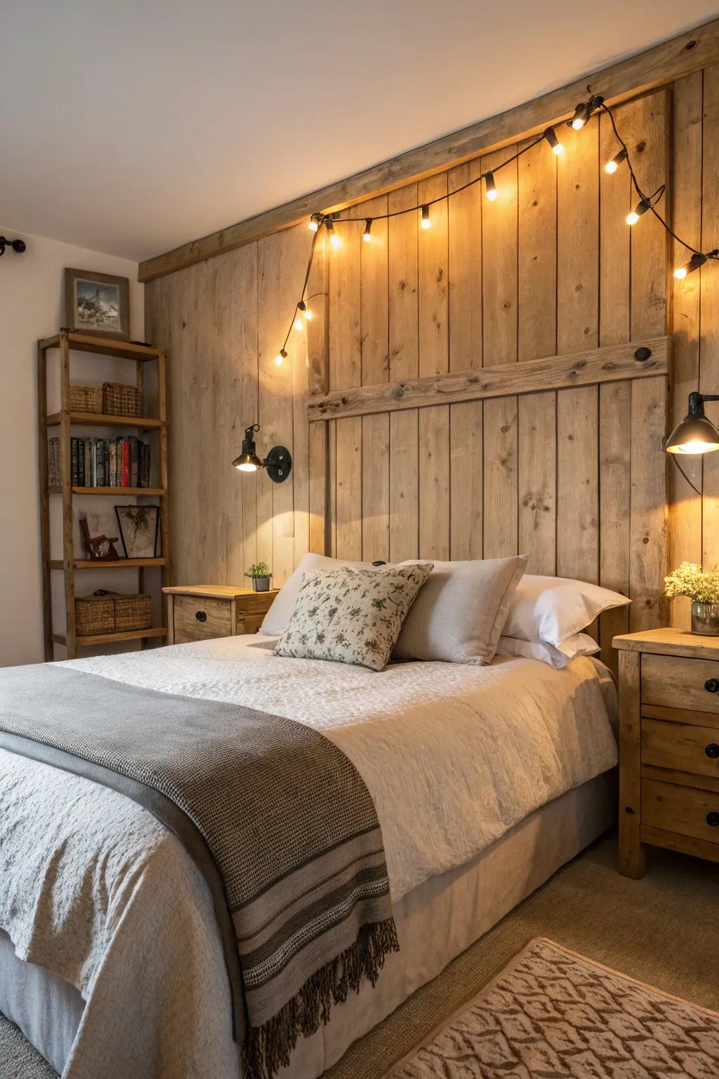 Wooden headboard lights add rustic charm and warmth.