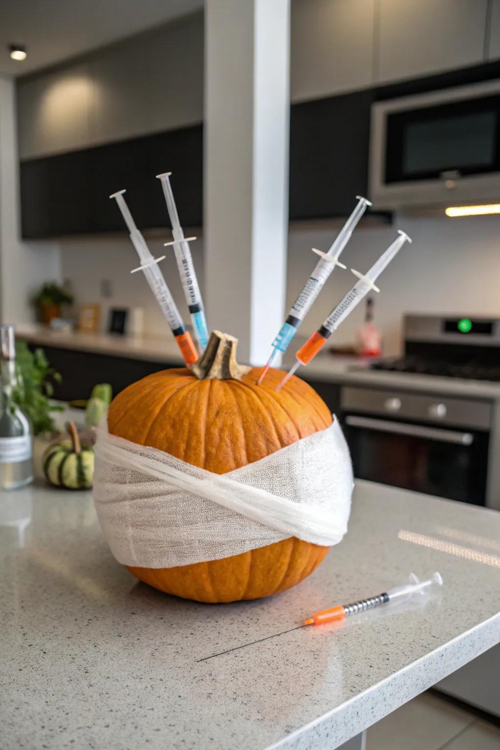 A quirky pumpkin decorated with syringes and gauze for a lighthearted touch.