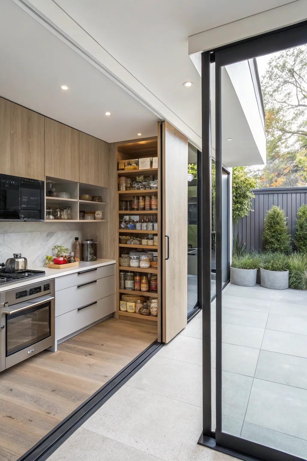 Sliding doors opening to reveal a hidden pantry in a modern kitchen.