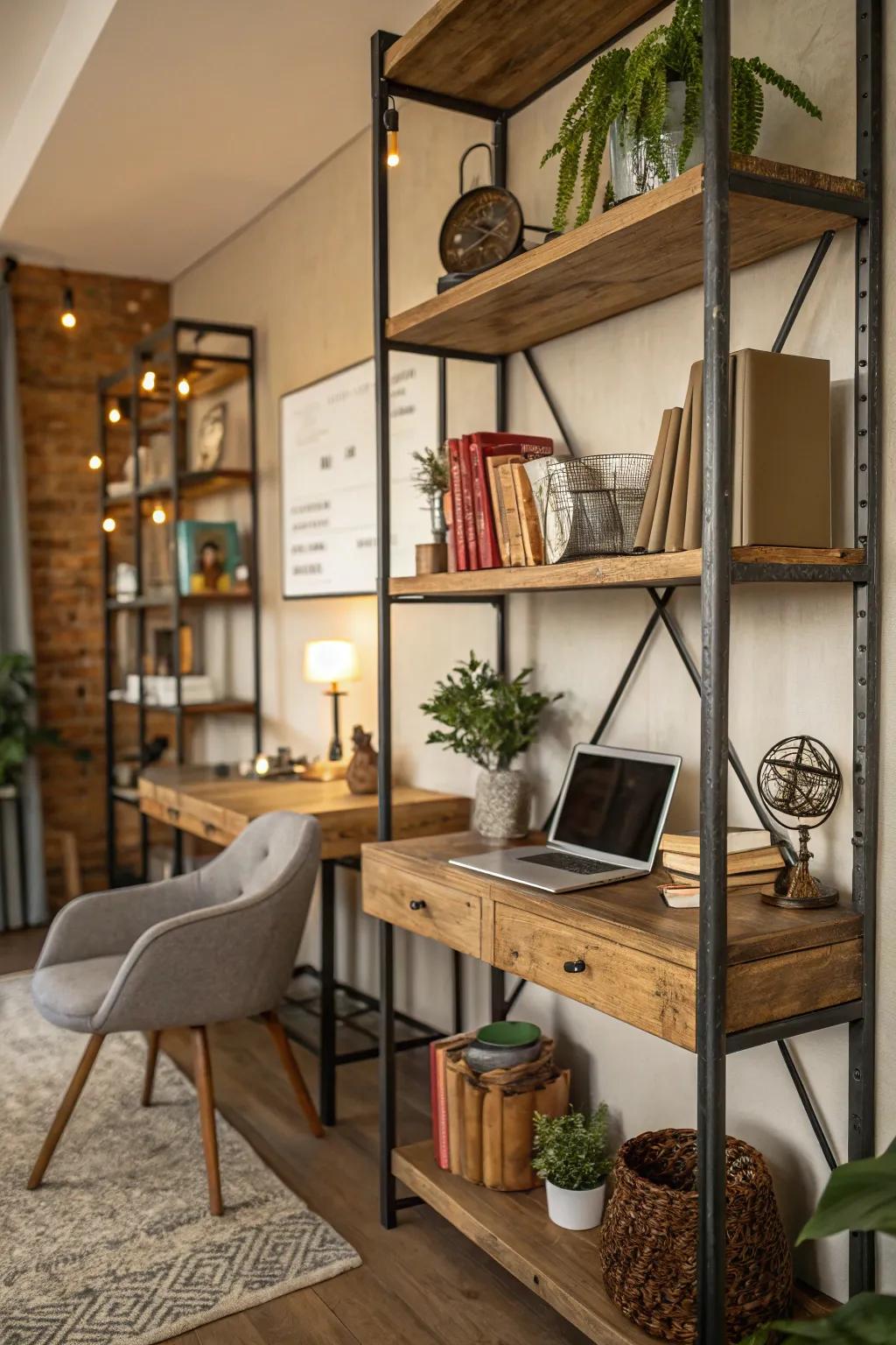 Rustic-industrial shelves offer warmth and character.