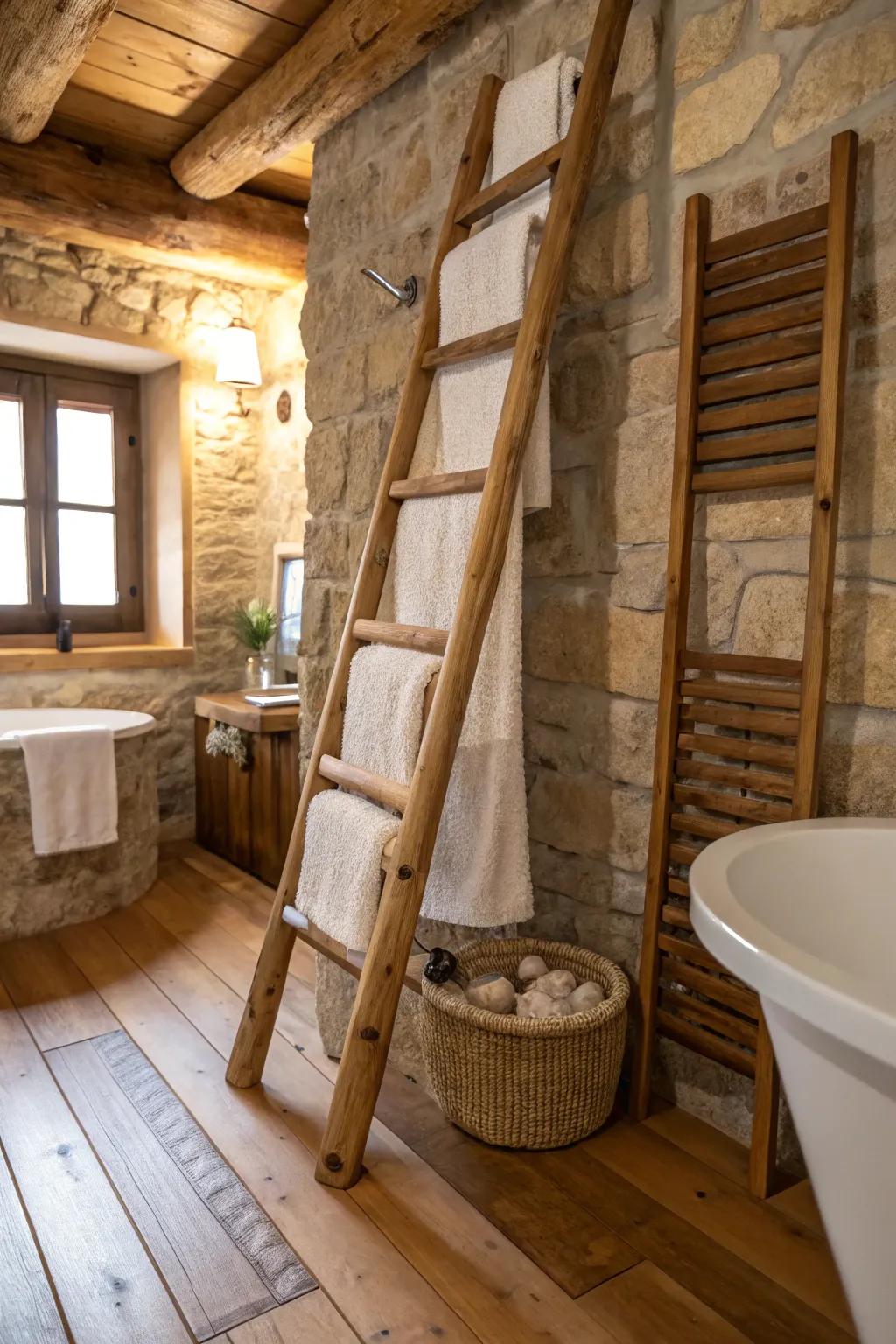 A decorative ladder brings rustic charm and functionality to towel hanging.