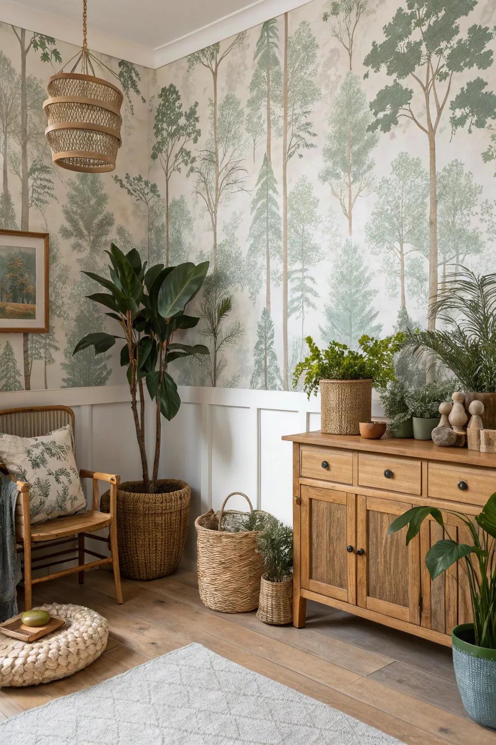 Wildlife motifs in wallpaper create a seamless connection to nature.