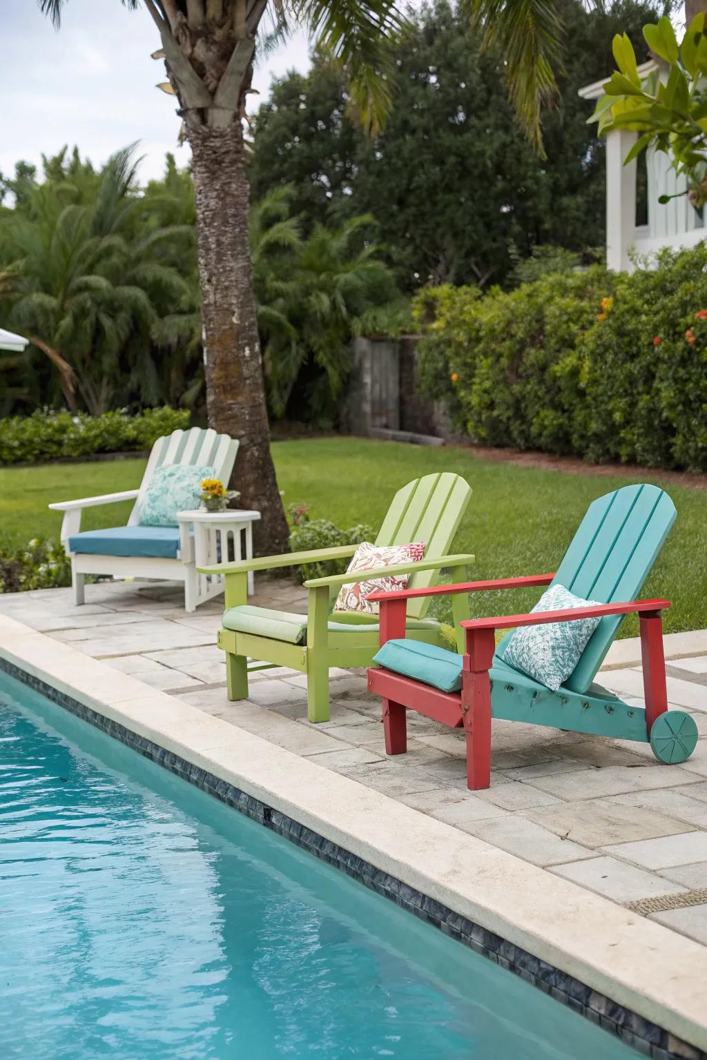 Repurposed furniture offers affordable poolside comfort.