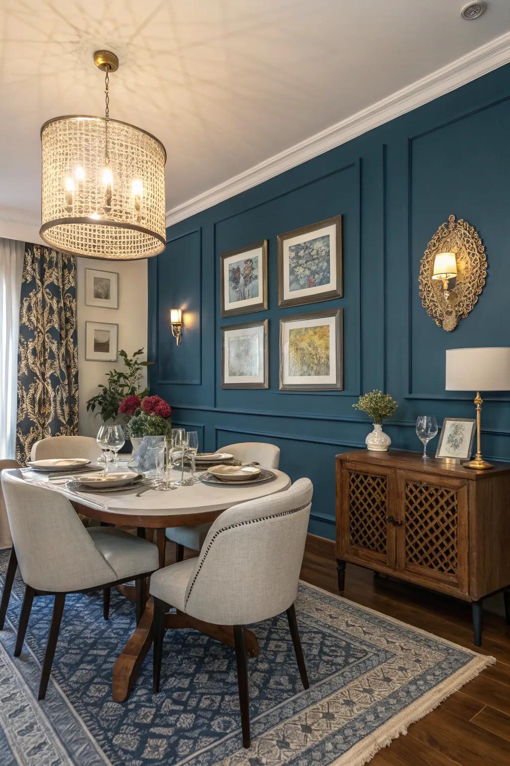 A deep blue accent wall infuses drama into this dining expanse.