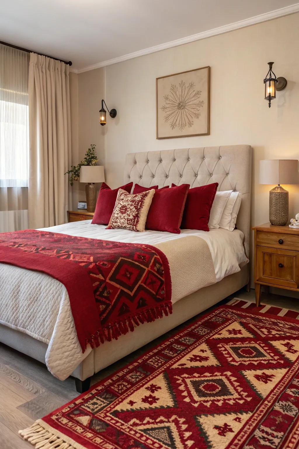 Ruby red accents bring energy and vibrancy to the room.