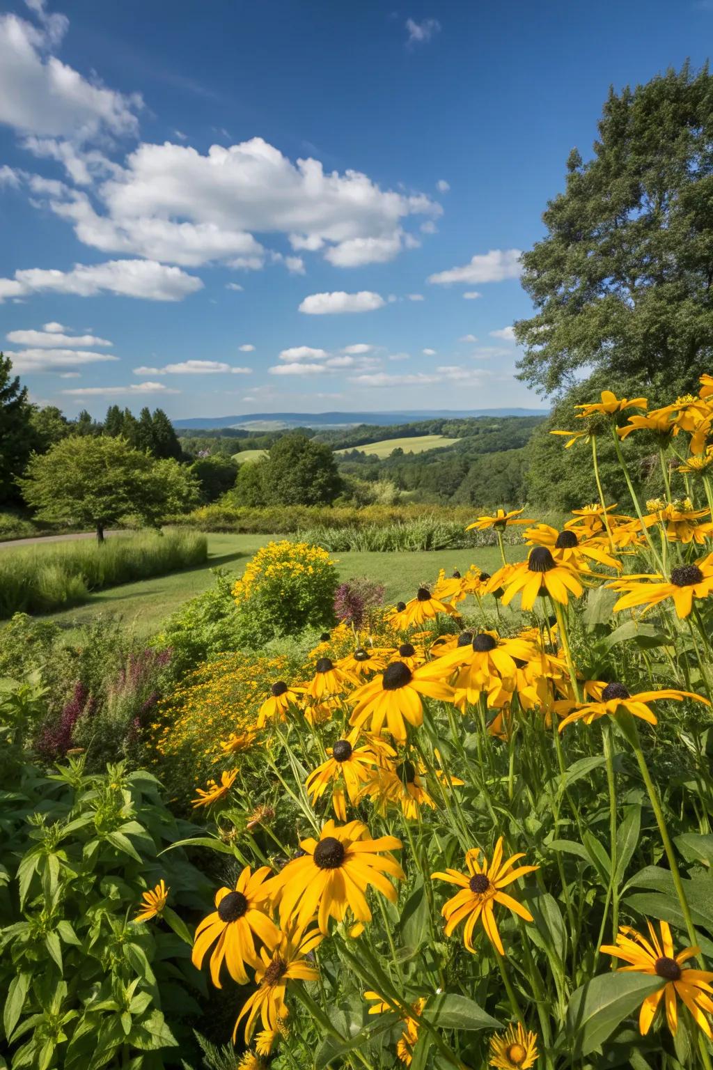 A panorama of Golden Starlets showering sunlight across the garden.