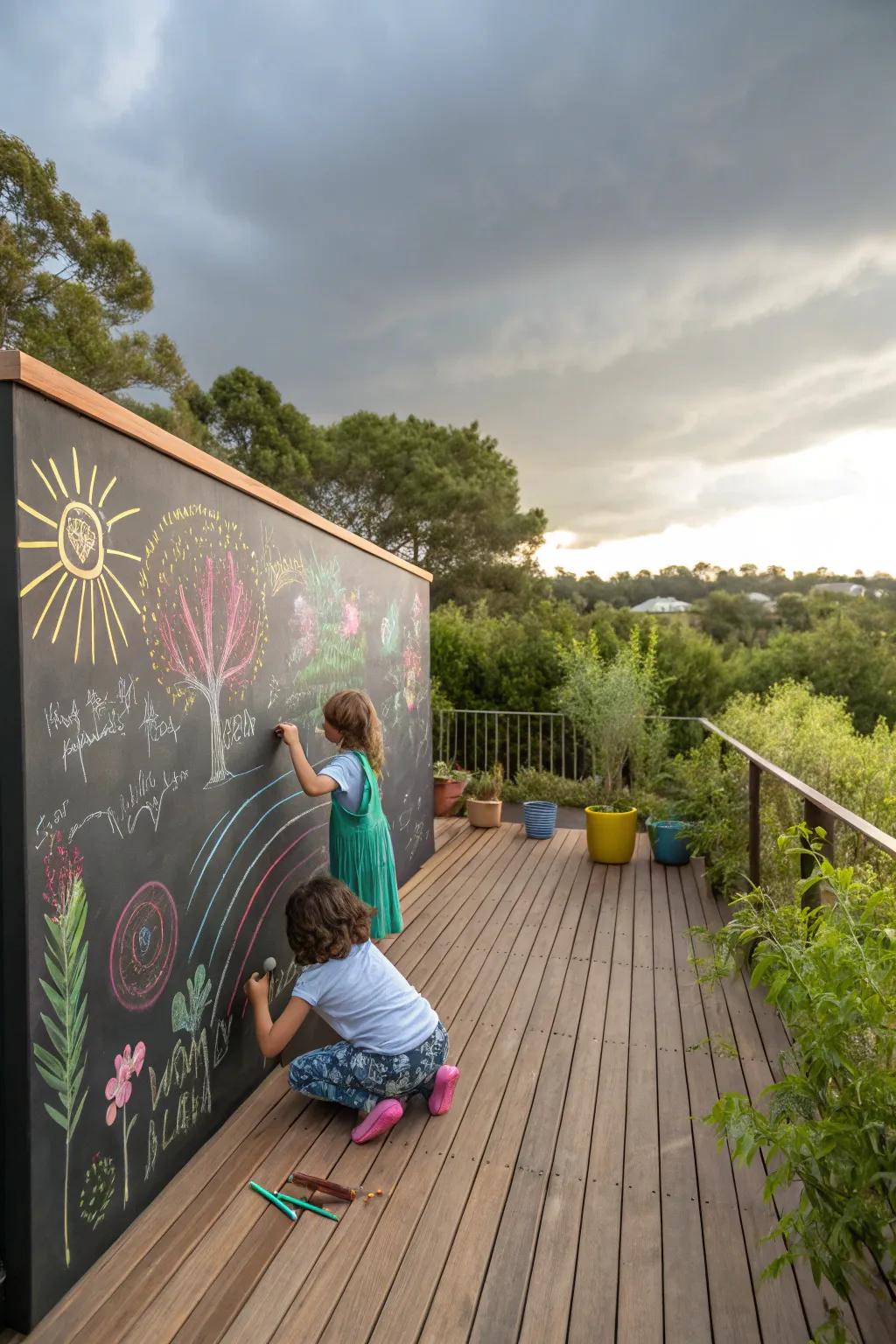 An outdoor deck featuring a large chalkboard wall where children are drawing with colorful chalk.