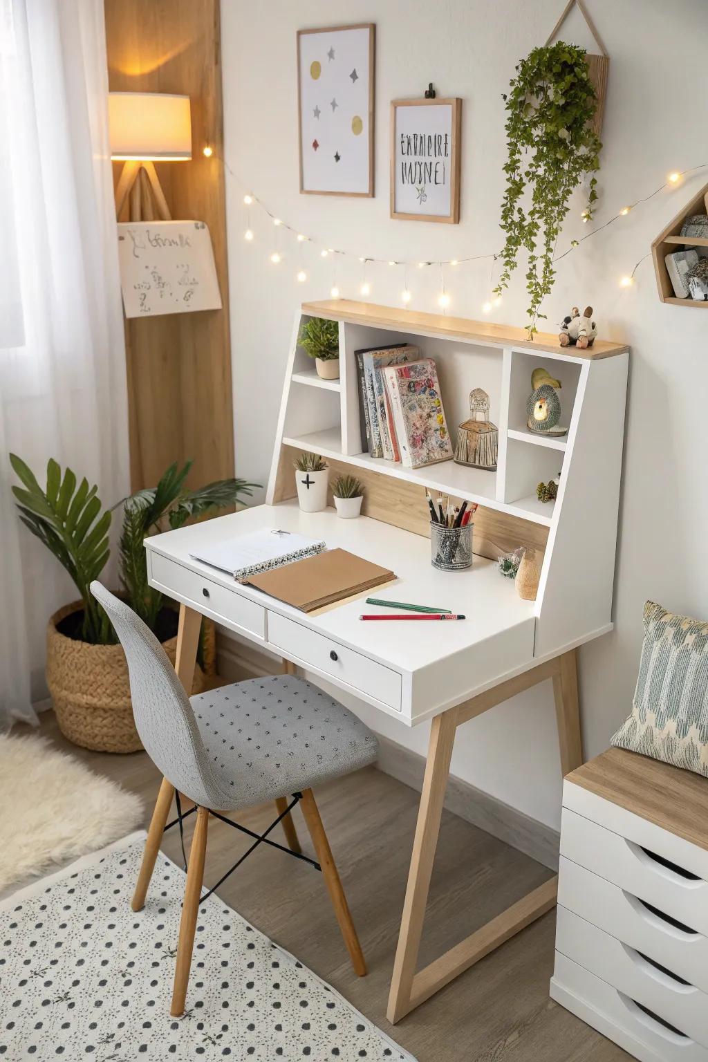 A minimalist floating desk making the most of limited space.