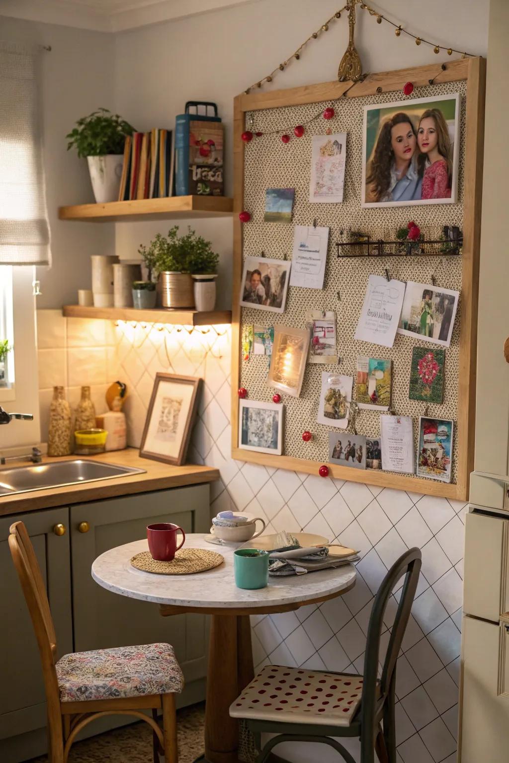 Bring warmth to your kitchen with a family photo bulletin board.