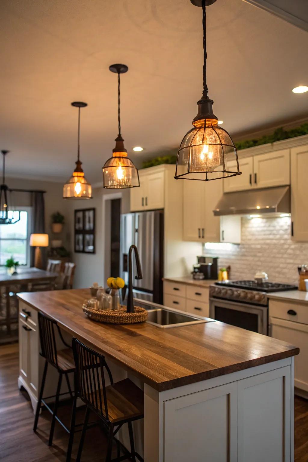 Pendant lights enrich the atmosphere surrounding the kitchen island.