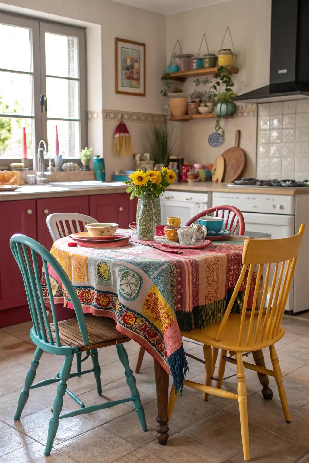 Mismatched chairs bring eclectic charm to the kitchen.