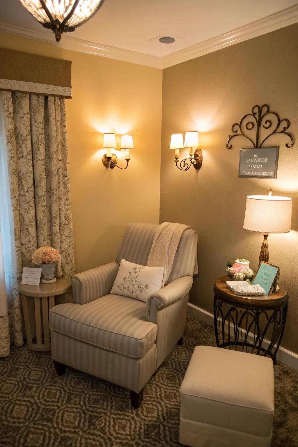 Soft lighting enhances the calming atmosphere of a lactation room.