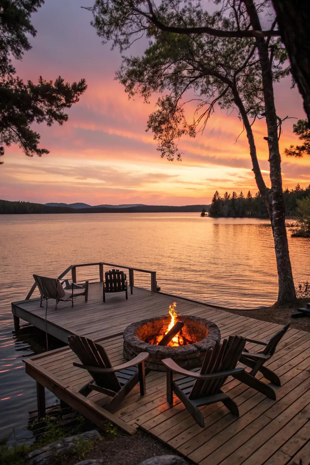 A dockside fire pit provides a unique and tranquil lakeside experience.