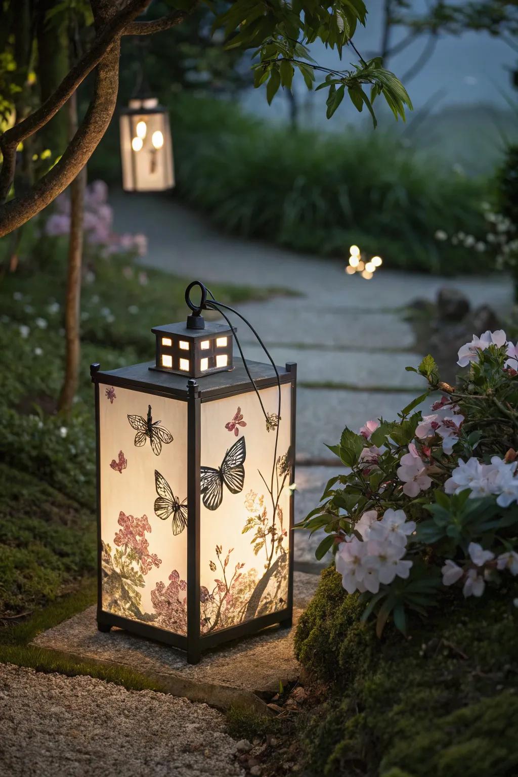 A memorial lantern adorned with butterfly motifs.