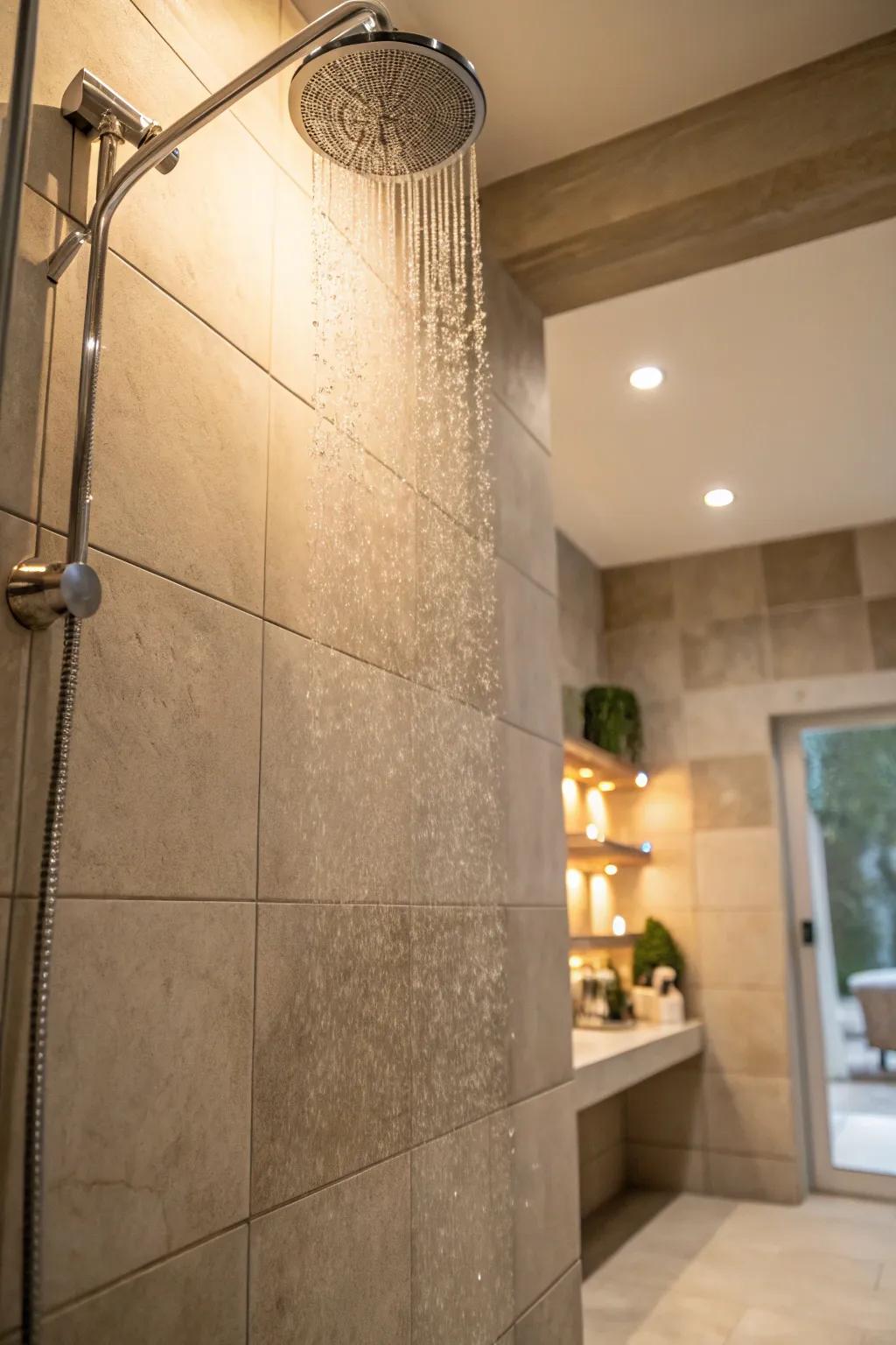 Neutral tones create a calming shower environment.