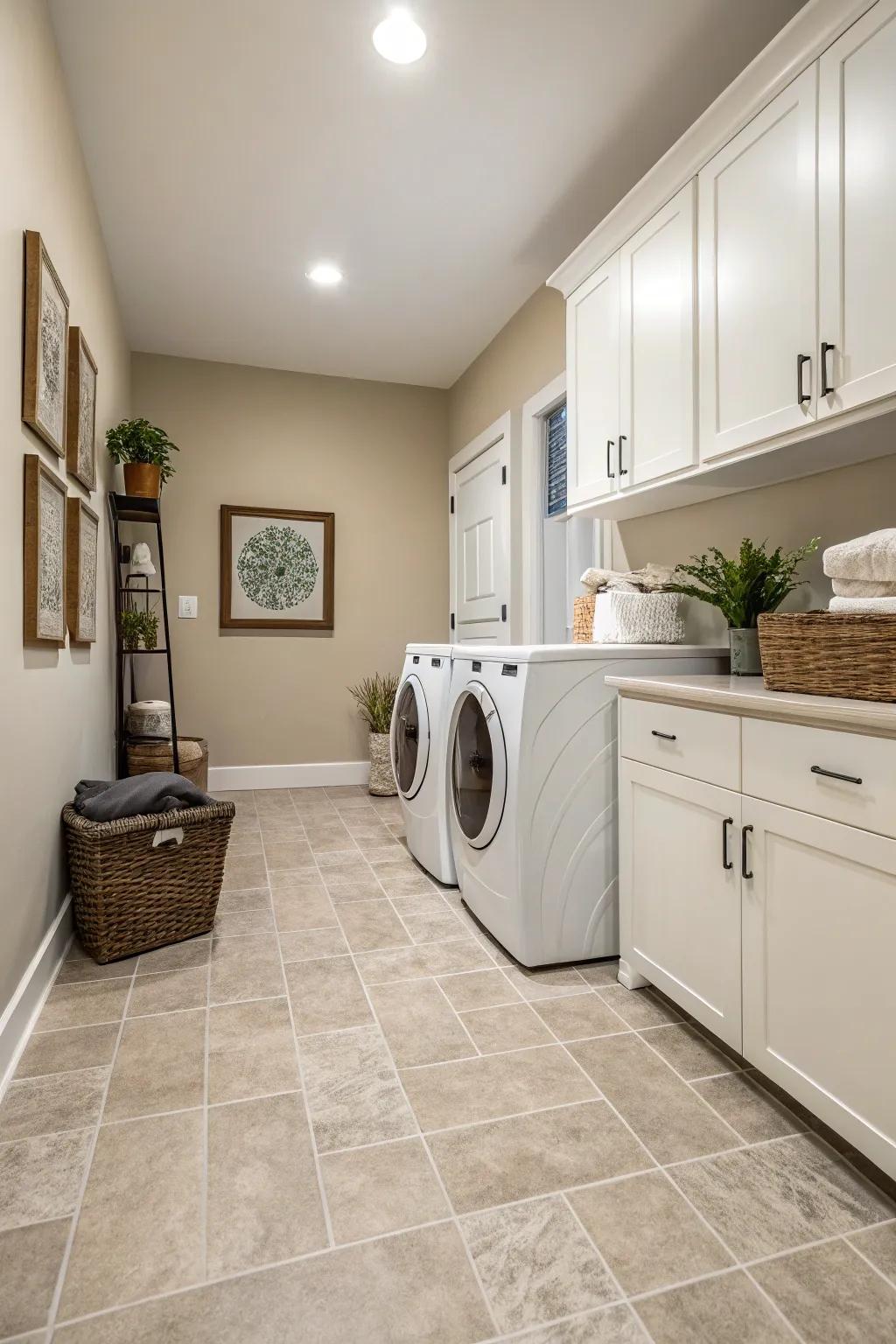 Neutral tones create a serene and modern laundry space.