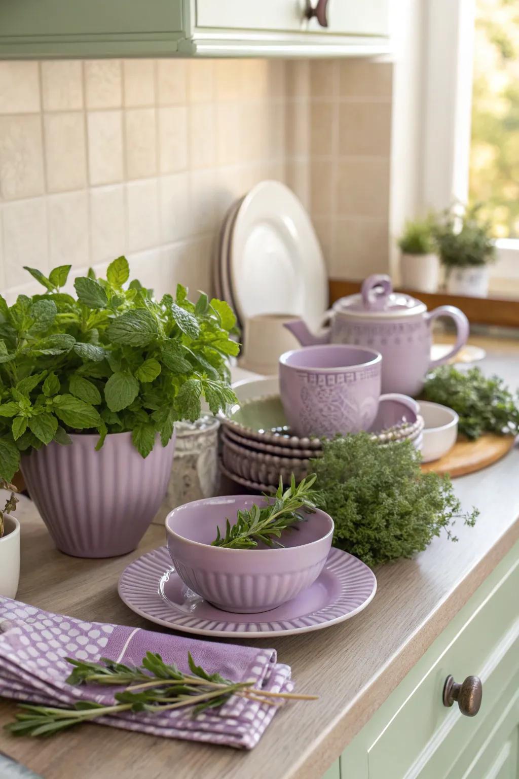 A kitchen radiating charm with lavender dishware and fresh herbs, crafting an aromatic and stylish setting.