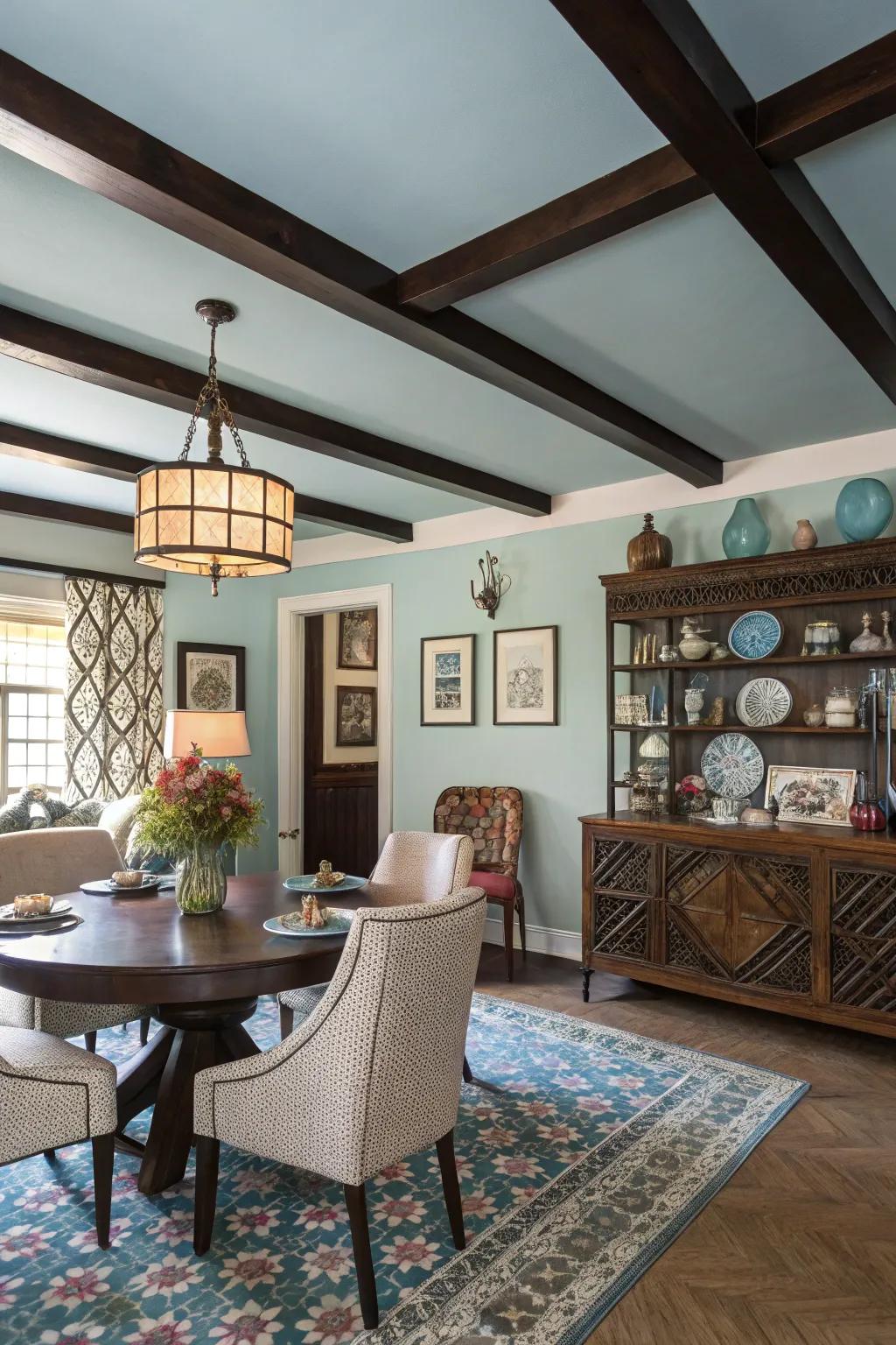 A stylish dining area showcasing a striking sky-blue ceiling.