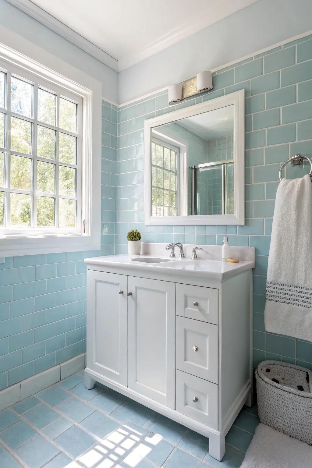 Delicate blues deliver a revitalizing and calming vibe to the bathroom.