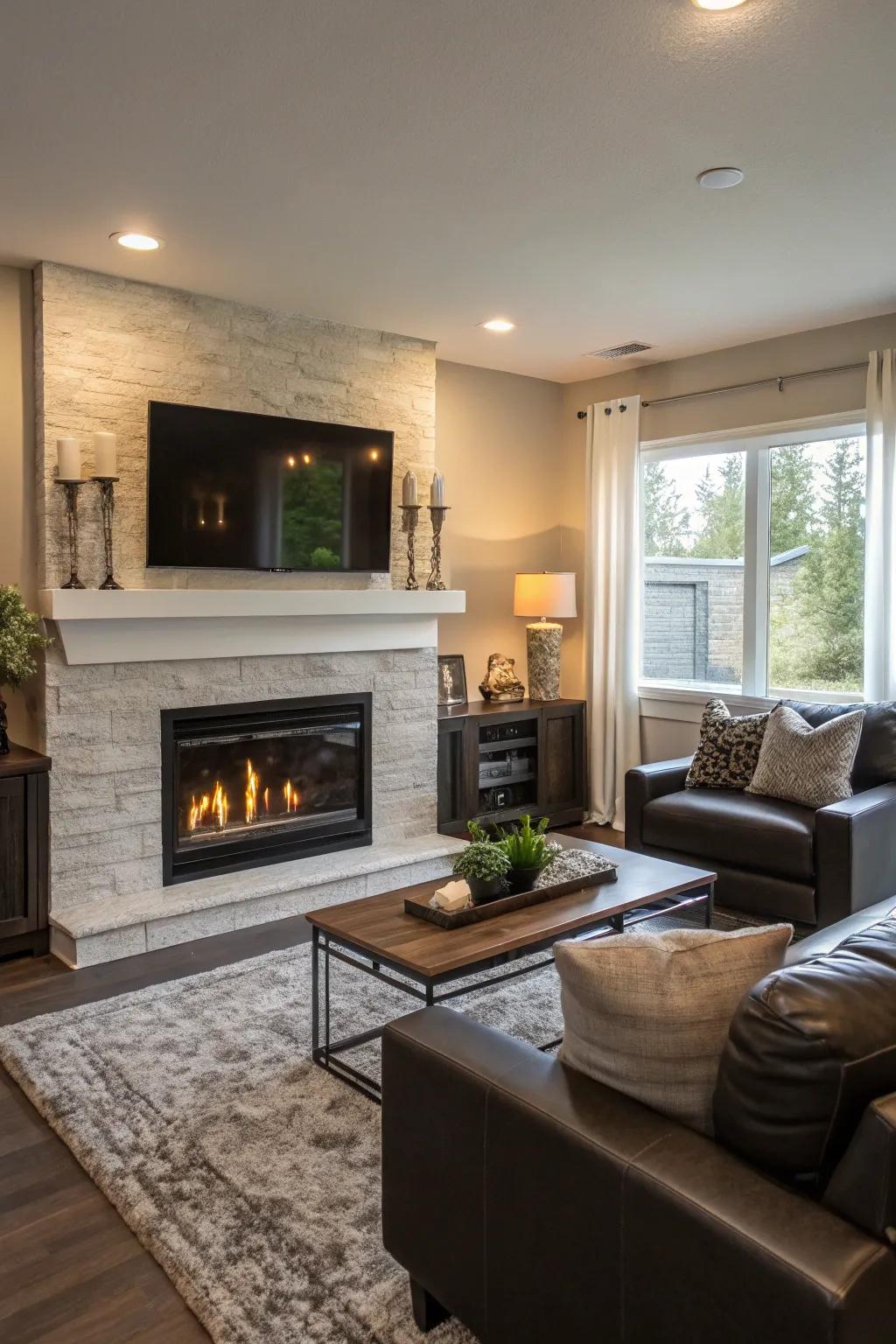 A dual focal point living room with both a fireplace and TV.