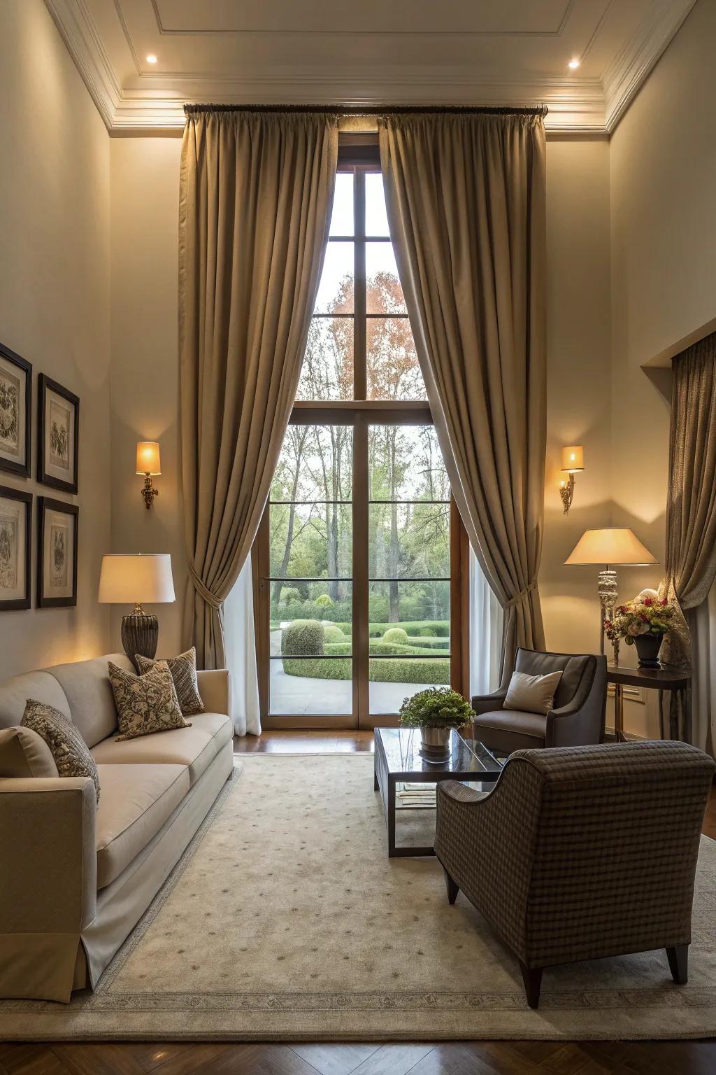 Create an elegant look with dramatic, long curtains for your picture windows.