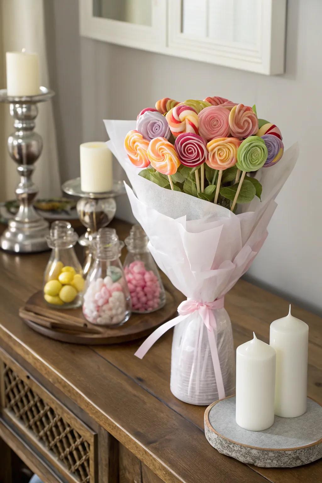 Elegant lollipop bouquet wrapped in tissue paper