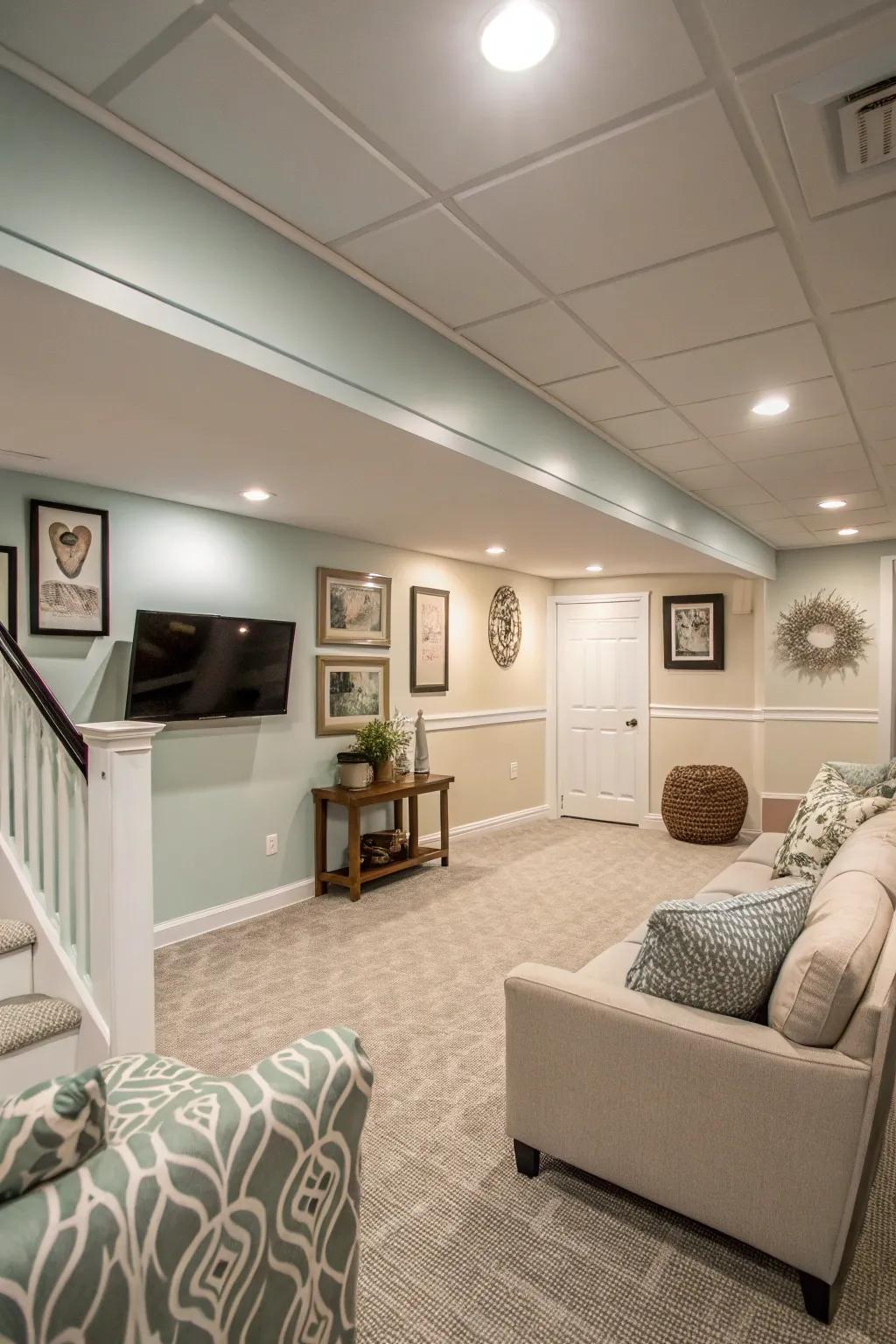 Light colors make the basement feel larger and more welcoming.