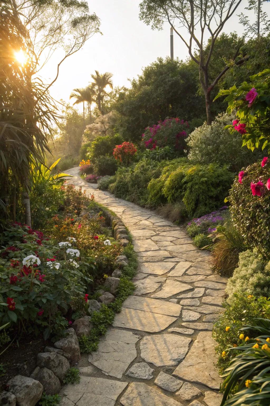 A charming stone pathway that enhances garden aesthetics with minimal upkeep.