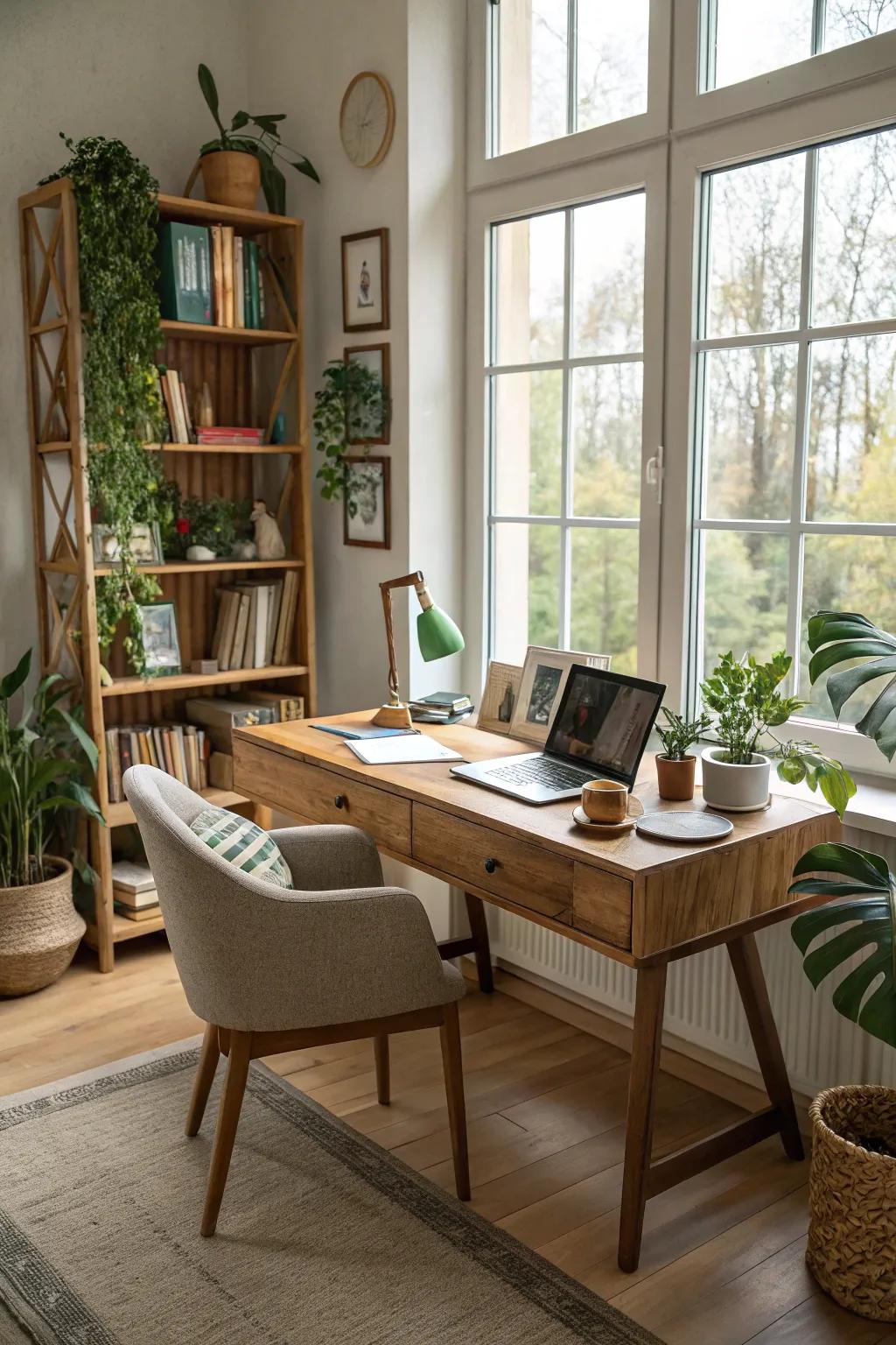 A bright home office bathed in natural light from large windows.