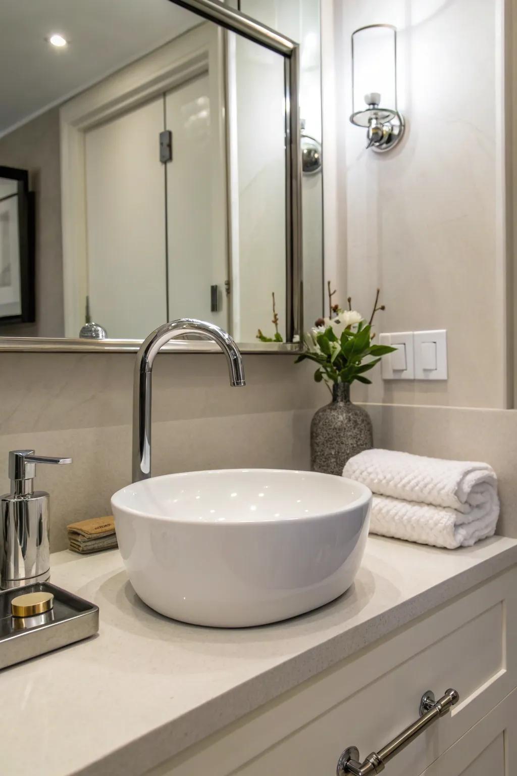 Sleek fixtures create a contemporary look in this powder room.