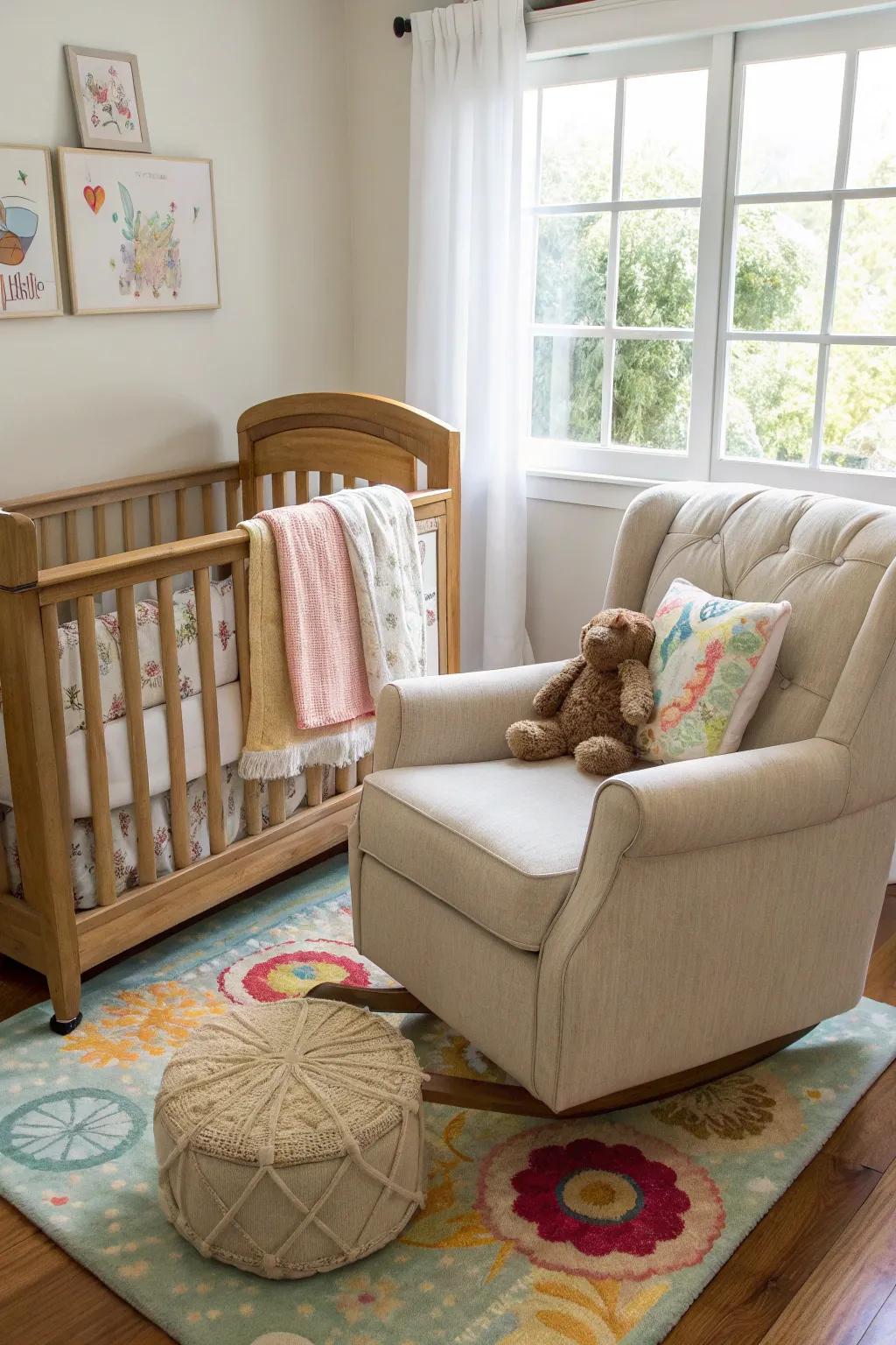 A beautiful baby room with a stylish wood crib and a soft feeding chair.
