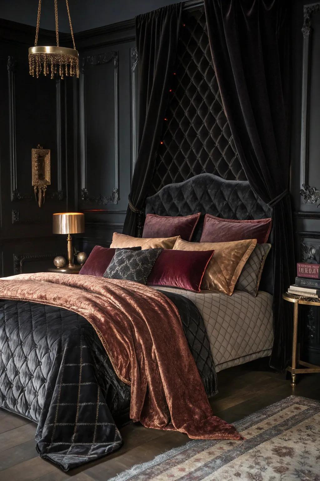 Rich velvet and silk textiles create a cozy, inviting atmosphere in this black bedroom.