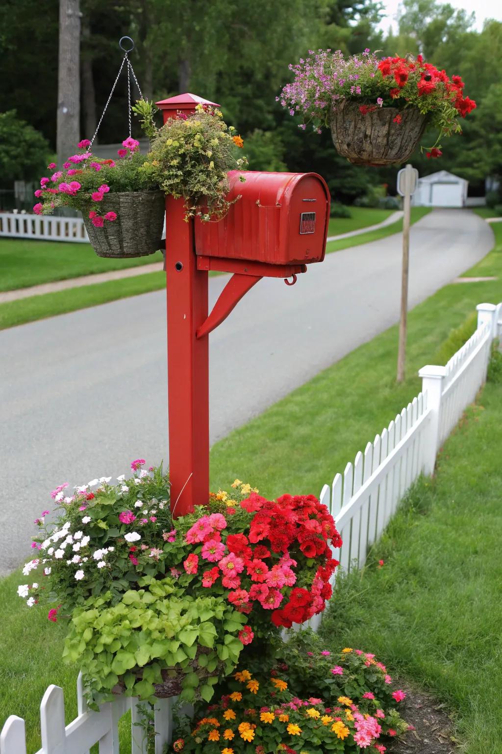 Hanging baskets offer vertical interest and allure to your mailbox.