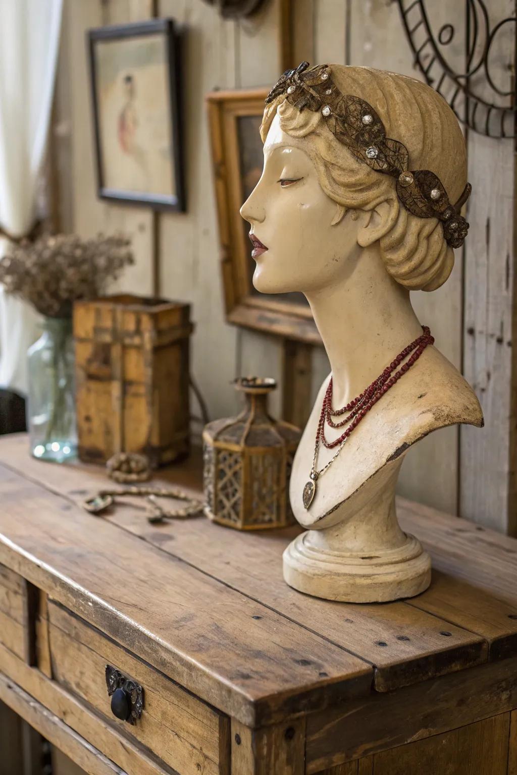 Vintage effects contribute a nostalgic charm to mannequin head artistry.