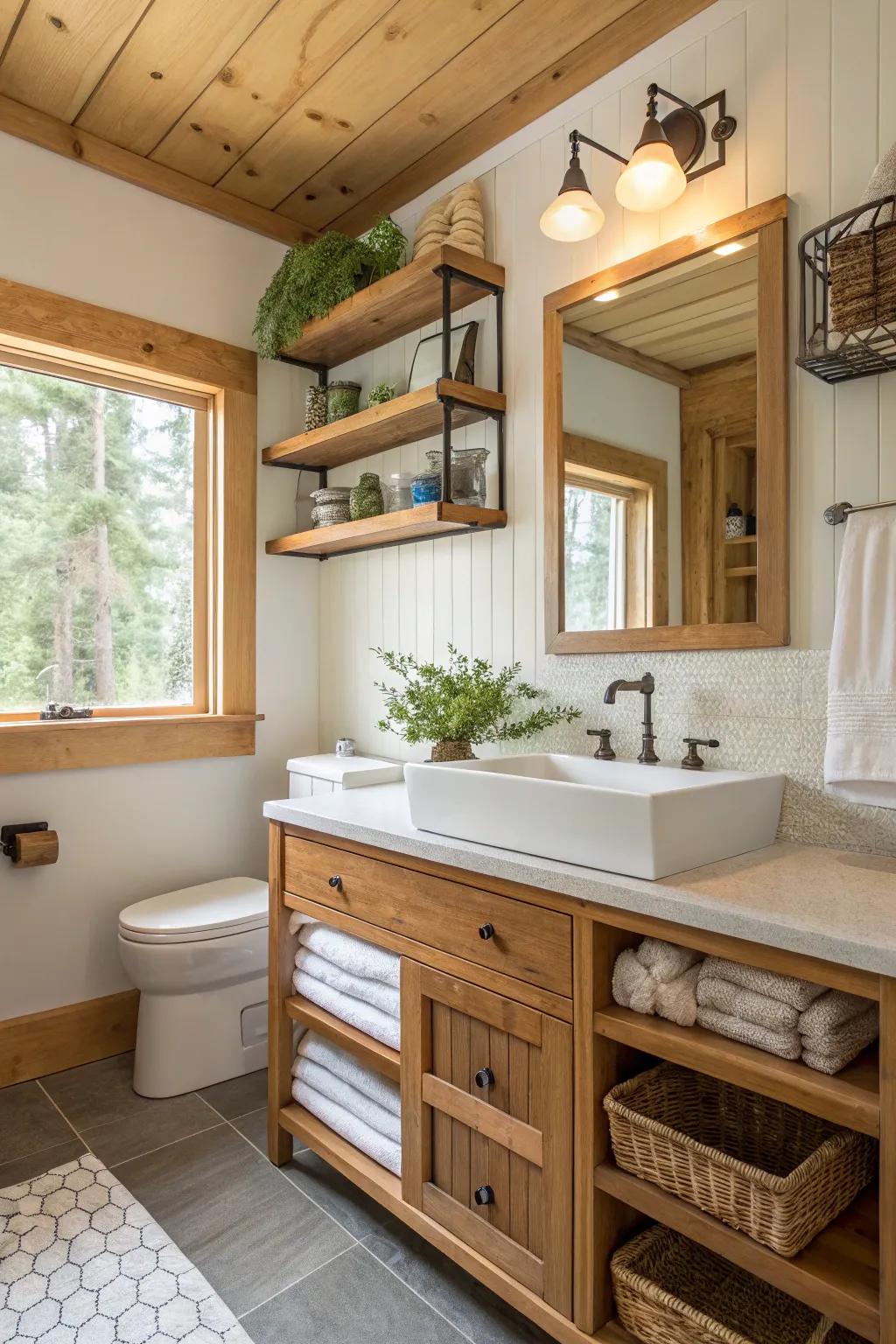 Wooden shelves adding warmth and texture to the bathroom.