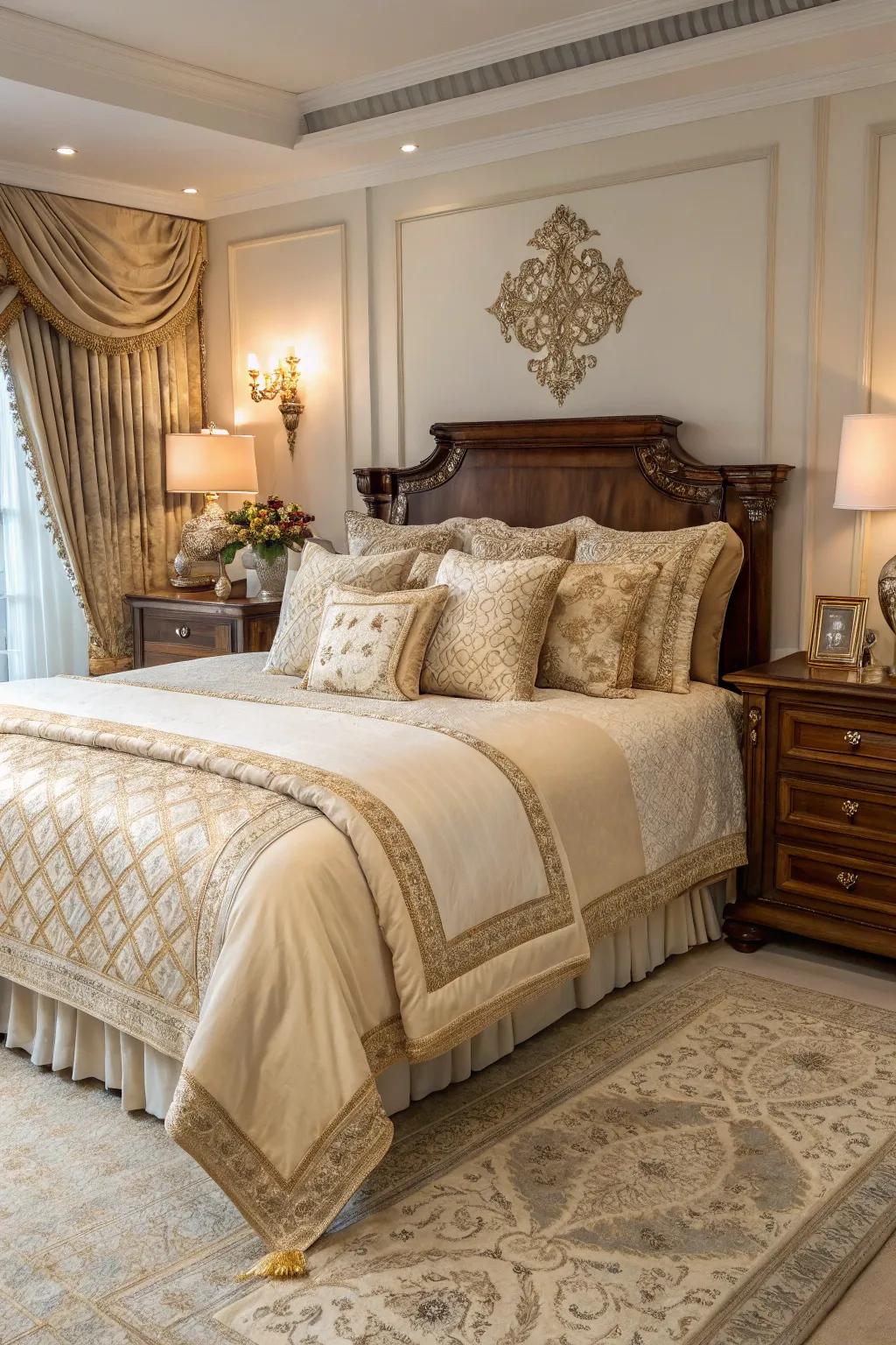 Layered materials within a master bedroom establish an inviting and luxurious sensation.