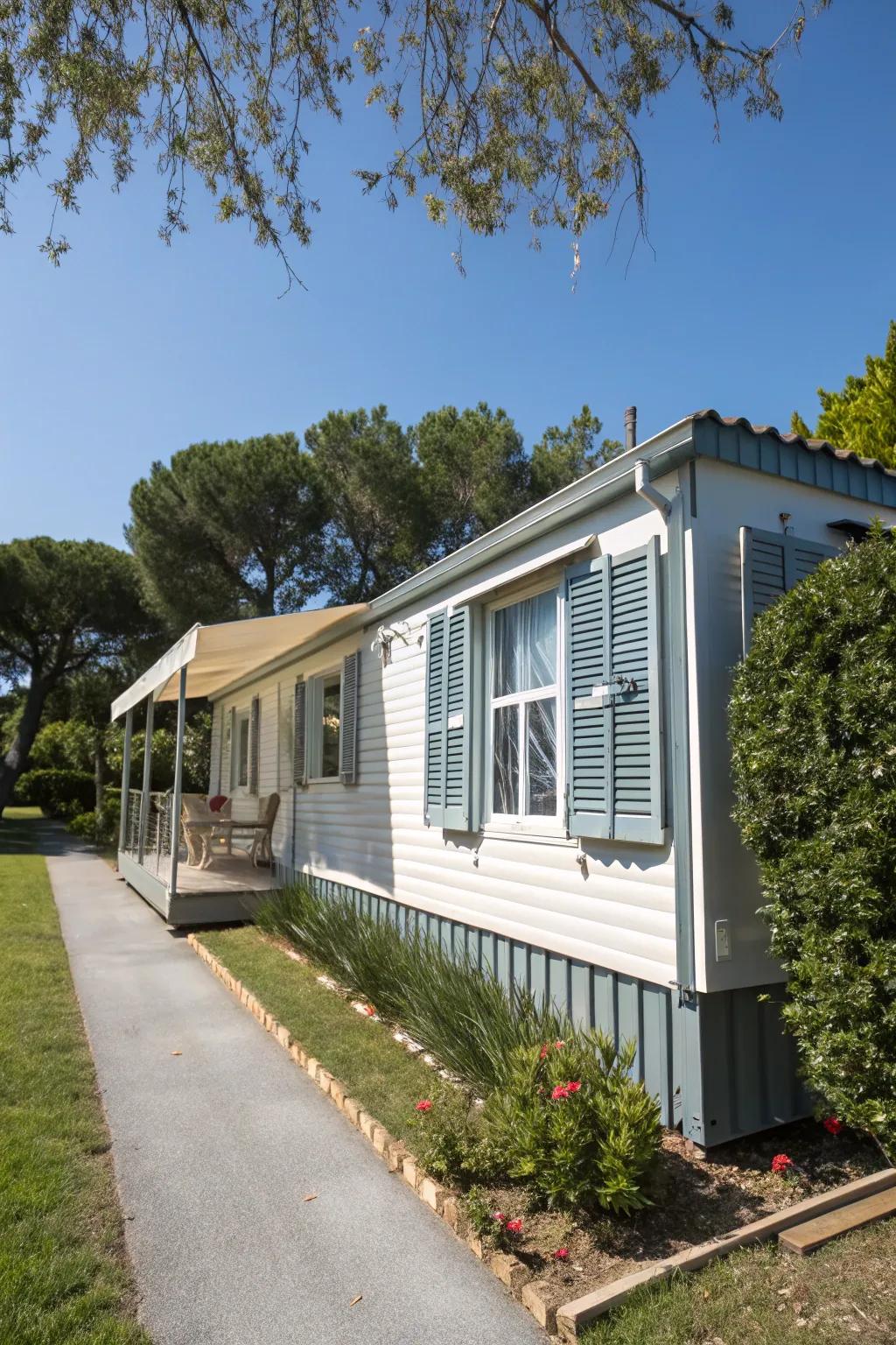 Elegant louvered shutters enhancing a mobile home.