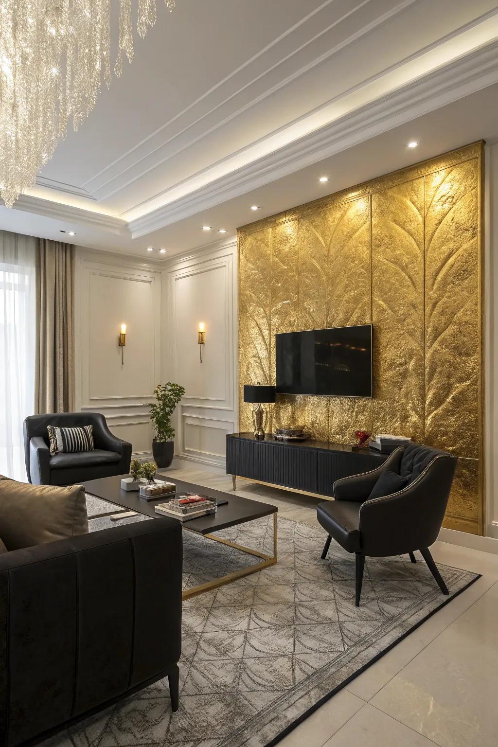 A bold gold accent wall adding depth and luxury to the space.