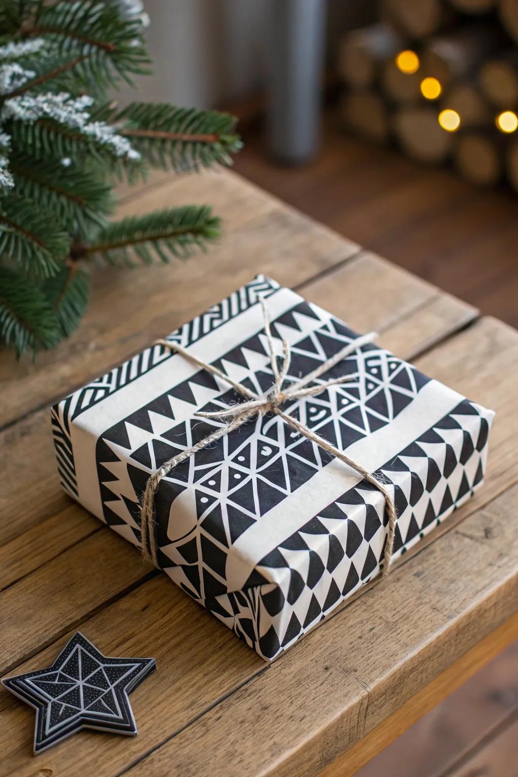 A modern gift wrapped in geometric patterned paper, creating a stylish holiday presentation.