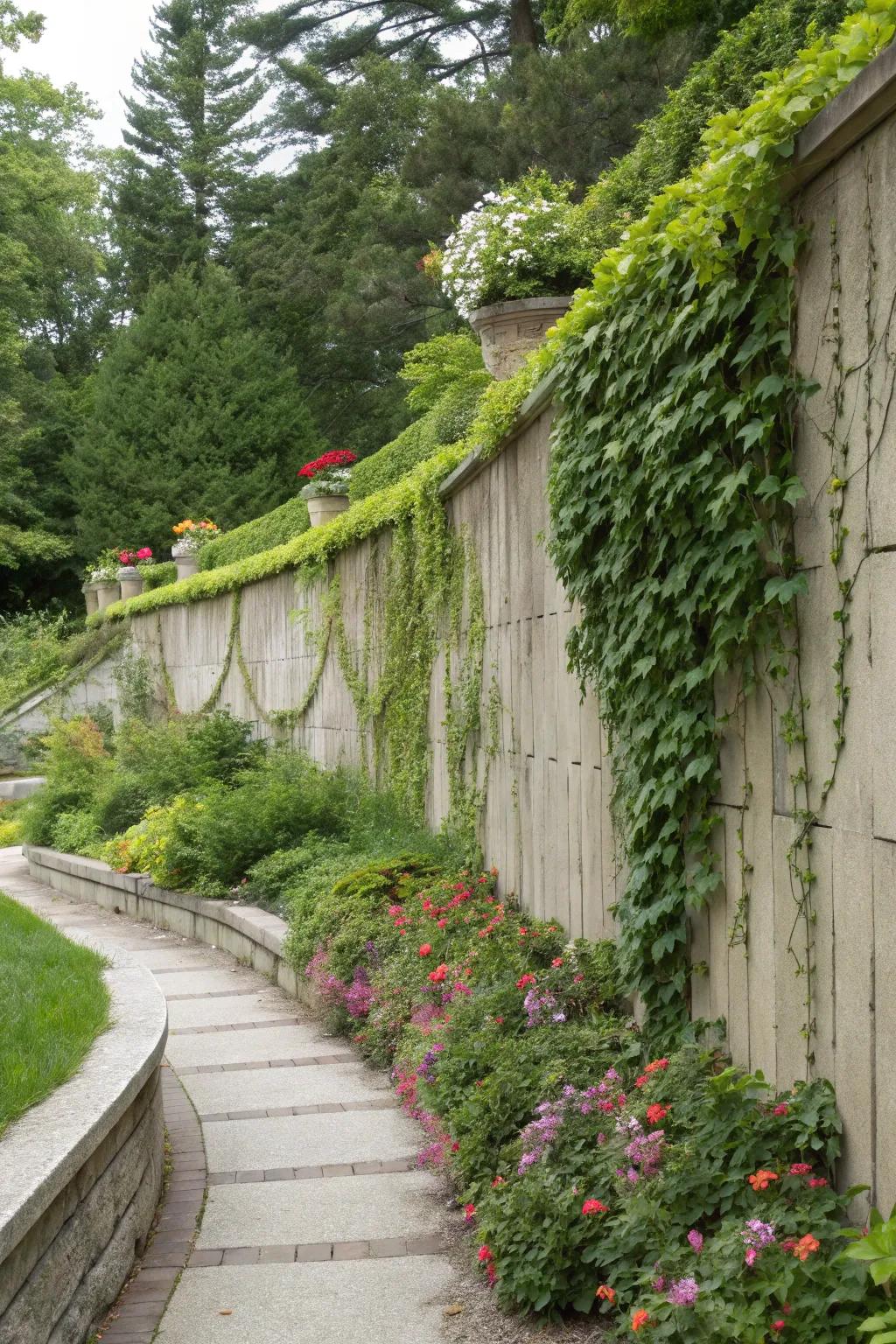 Concrete wall featuring climbing vines and lush greenery.