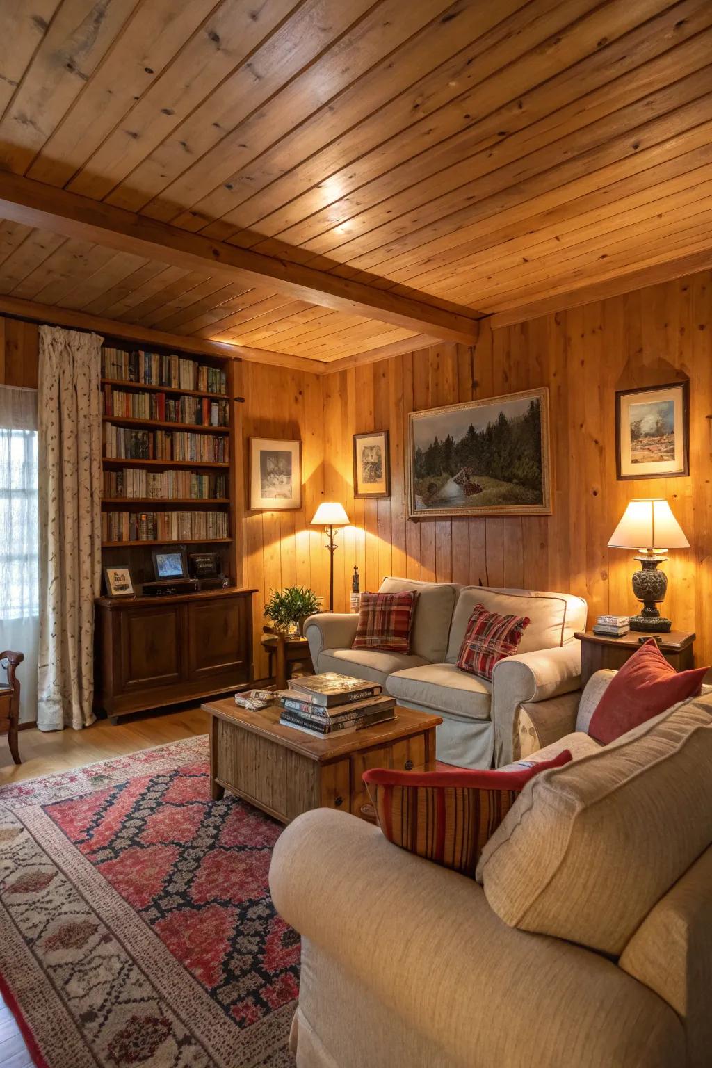 Wood paneling adds warmth and a natural feel.