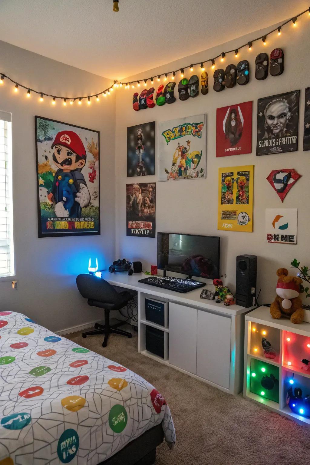 A bedroom featuring gaming-themed wall art and decorations.