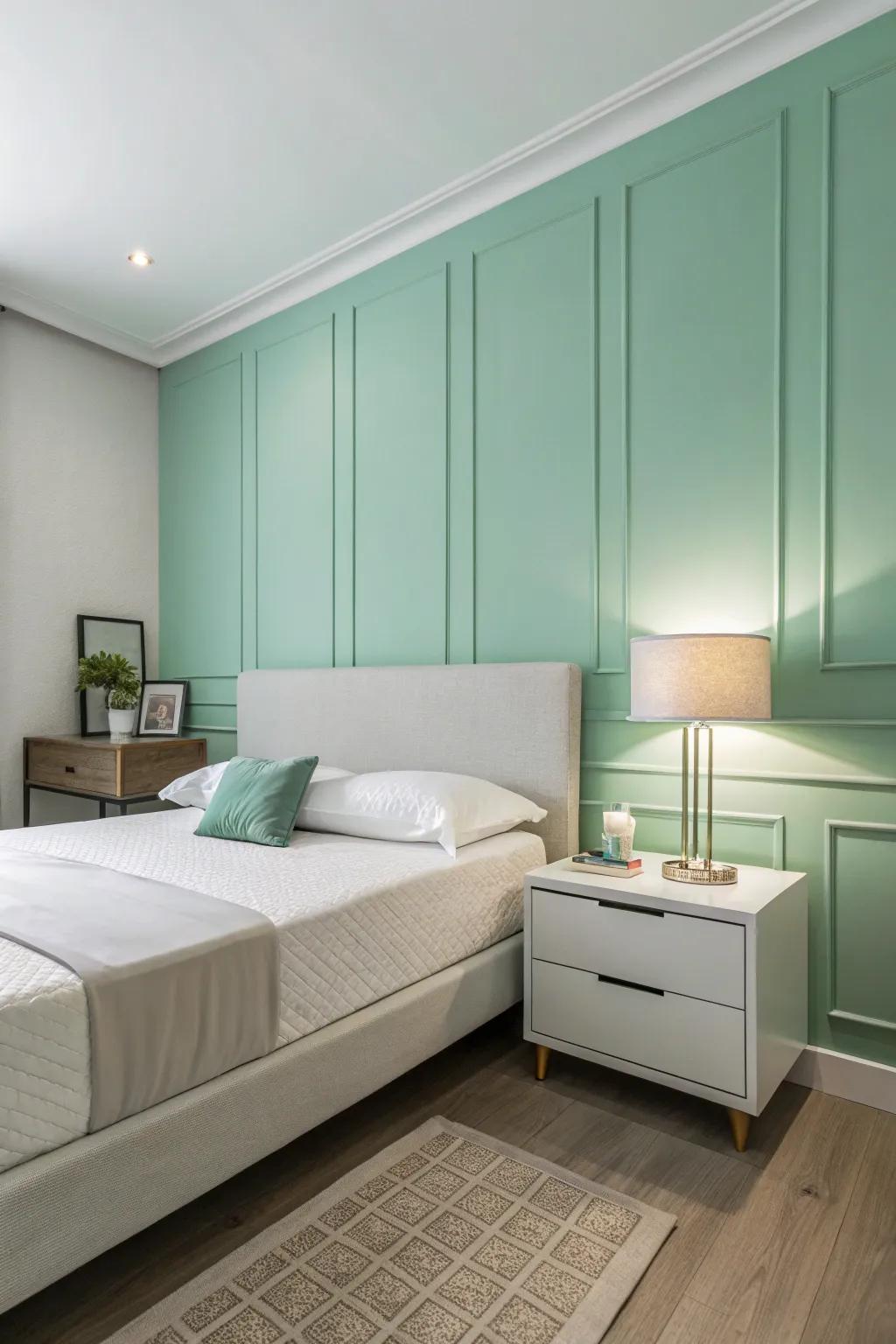 Minimalist furniture set against a springtime green boudoir background.