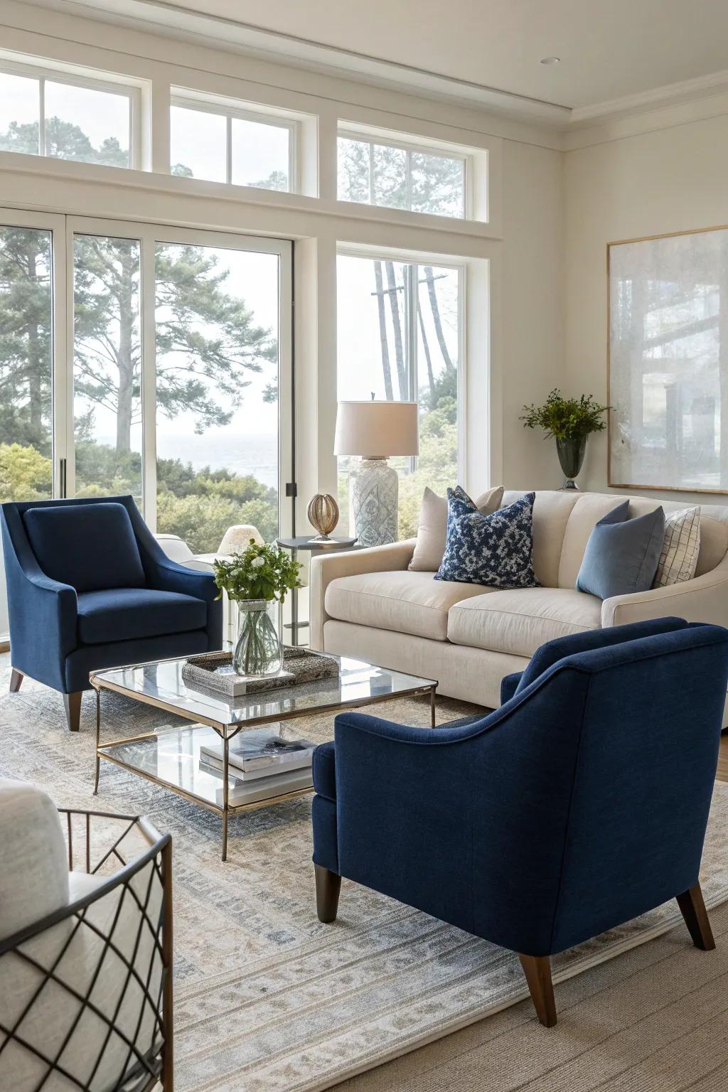 Navy accent chairs bring a vibrant touch to your decor.