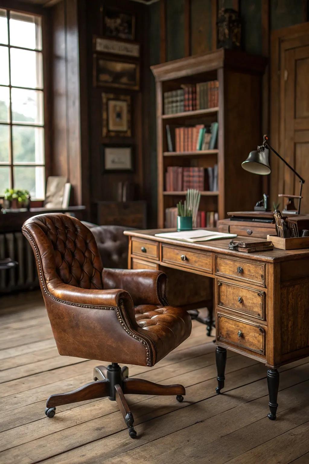 Leather furniture adds a touch of elegance and comfort to a rustic office.